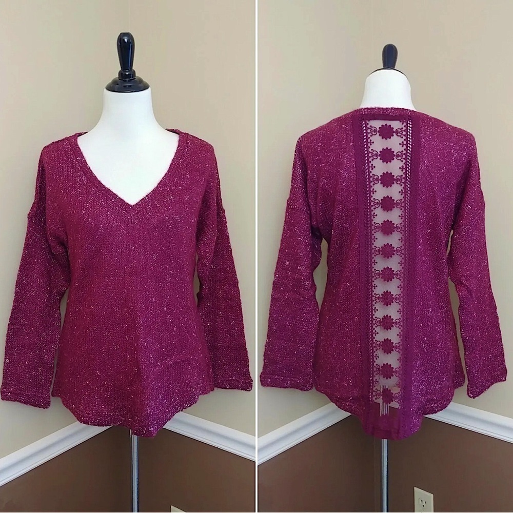 Doe & Rae Burgundy Wine Sheer Lace Back Panel  V-Neck Modcloth Sweater Small